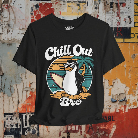 T-Shirt - Chill Out Bro Funny Penguin Surfing T-shirt | Bella + Canvas Unisex T-shirt from Crypto Zoo Tees