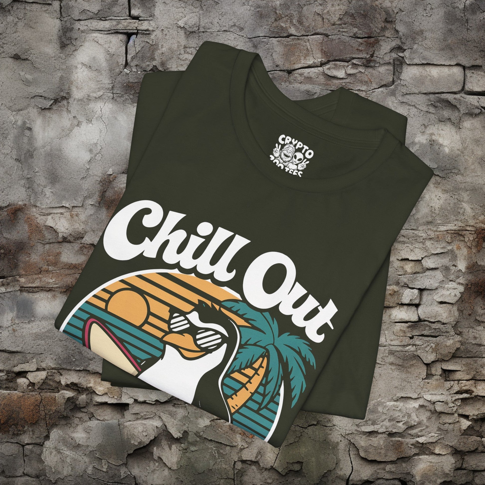 T-Shirt - Chill Out Bro Funny Penguin Surfing T-shirt | Bella + Canvas Unisex T-shirt from Crypto Zoo Tees