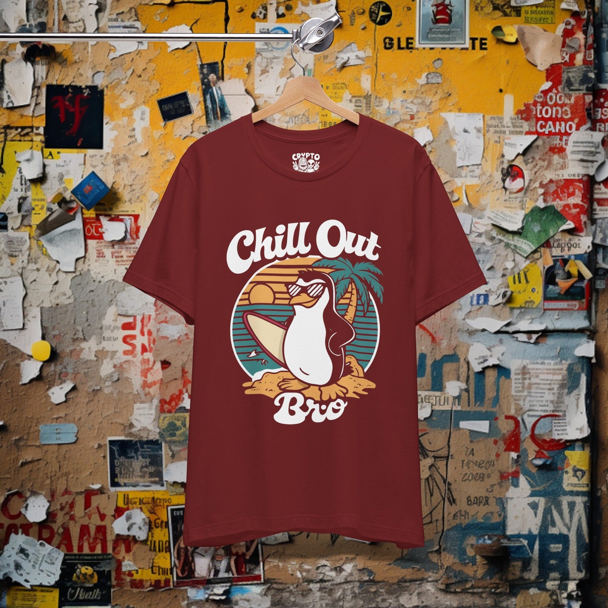 T-Shirt - Chill Out Bro Funny Penguin Surfing T-shirt | Bella + Canvas Unisex T-shirt from Crypto Zoo Tees