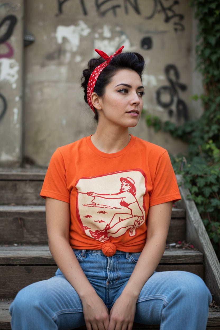 T-Shirt - Cowgirl Pinup Shirt | Unisex Heavy Cotton - Gildan 5000 | Retro & Vintage, Art & Artists | Rockabilly from Crypto Zoo Tees