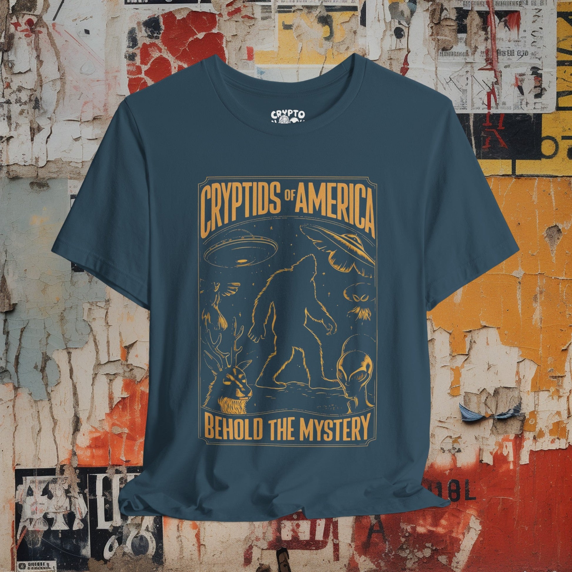 T-Shirt - Cryptids of America Behold The Mystery Shirt | Bigfoot Mothman Alien Tee | Bella + Canvas Unisex T-shirt from Crypto Zoo Tees