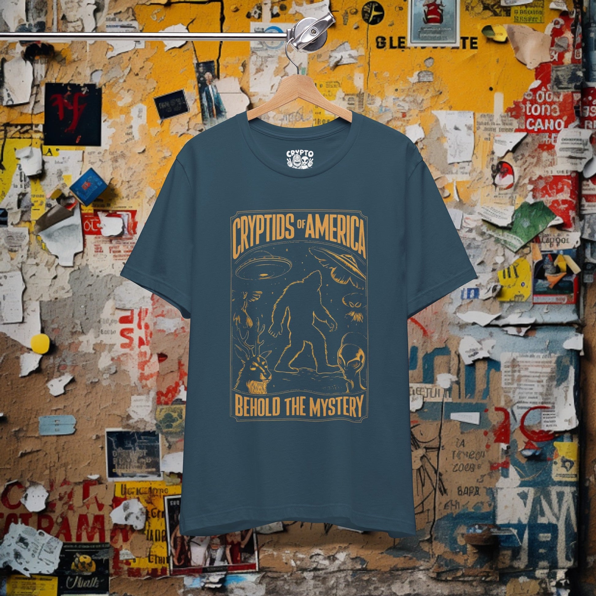 T-Shirt - Cryptids of America Behold The Mystery Shirt | Bigfoot Mothman Alien Tee | Bella + Canvas Unisex T-shirt from Crypto Zoo Tees