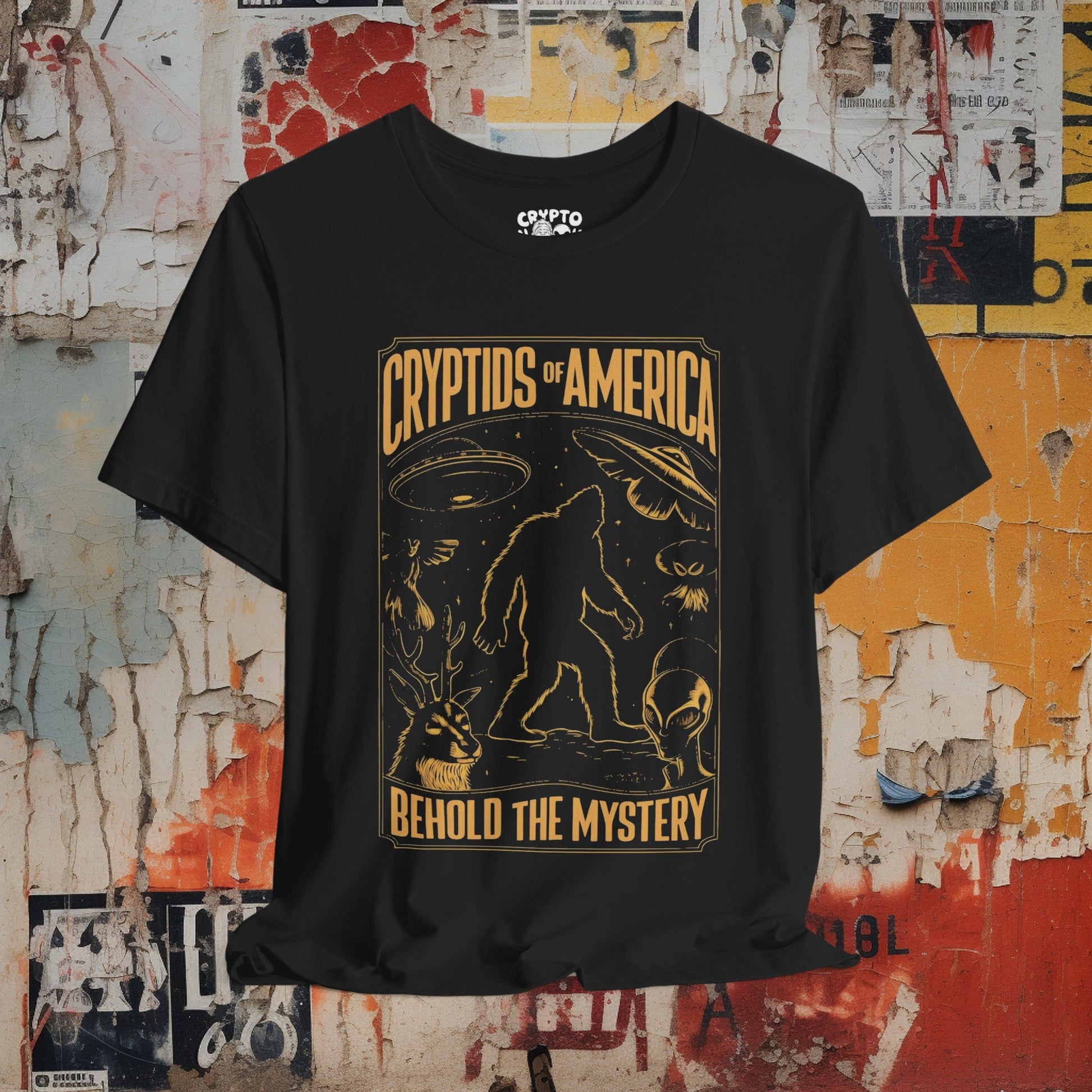 T-Shirt - Cryptids of America Behold The Mystery Shirt | Bigfoot Mothman Alien Tee | Bella + Canvas Unisex T-shirt from Crypto Zoo Tees