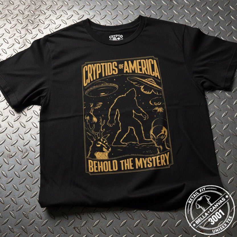 T-Shirt - Cryptids Of America - COLOR OPTIONS | Light Fitted - Unisex Bella+Canvas 3001 | Cryptids, Bigfoot, Mothman, Alien & UFO | Retro & Vintage from Crypto Zoo Tees
