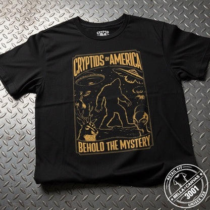T-Shirt - Cryptids Of America - COLOR OPTIONS | Light Fitted - Unisex Bella+Canvas 3001 | Cryptids, Bigfoot, Mothman, Alien & UFO | Retro & Vintage from Crypto Zoo Tees