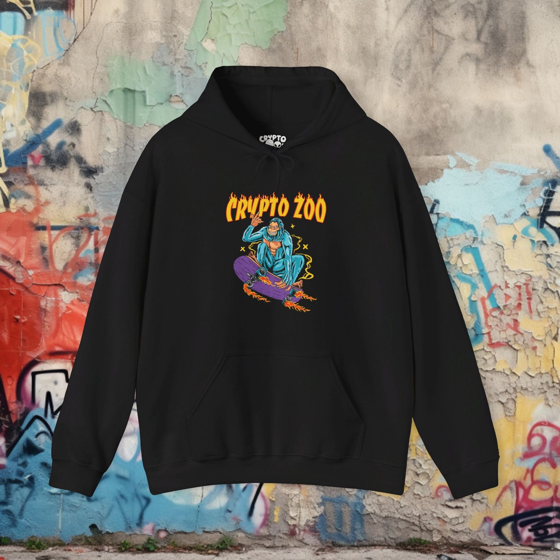 Hoodie - Crypto Zoo Bigfoot on Skateboard Thrasher Style | Hoodie | Hooded Sweatshirt from Crypto Zoo Tees