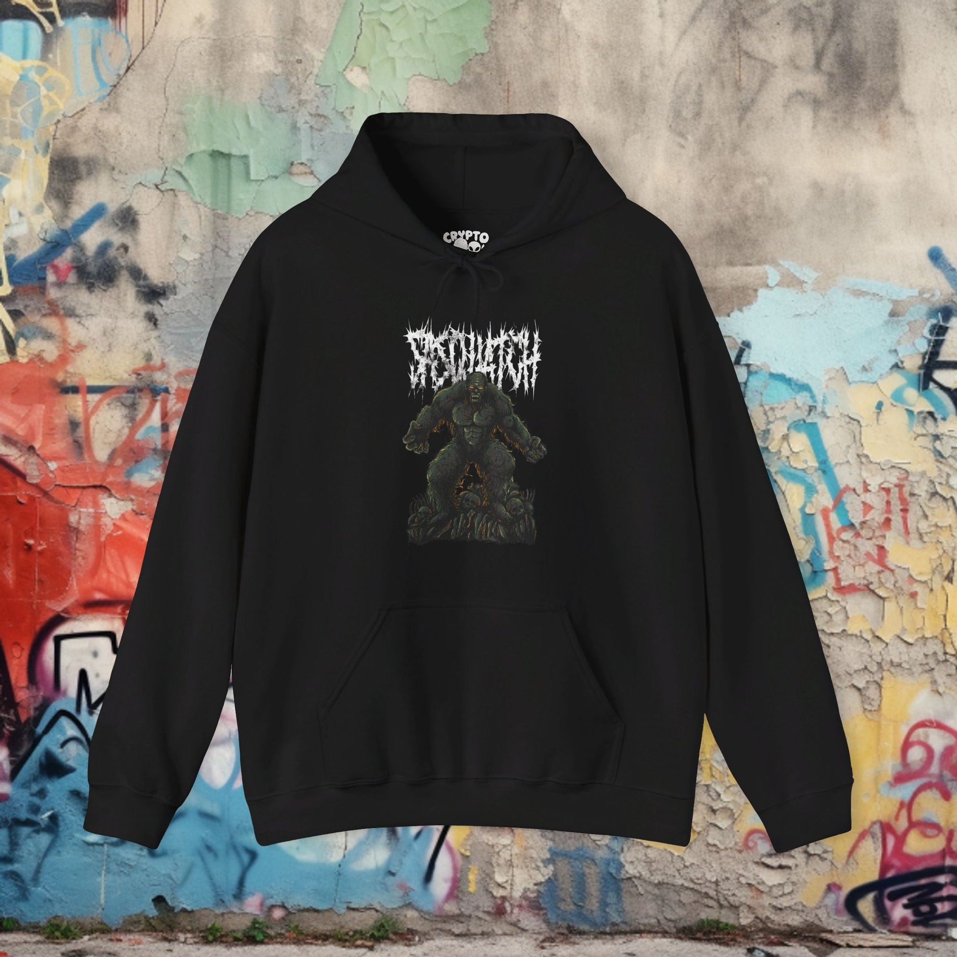 Hoodie - Death Metal Comic Sasquatch | Hoodie | Hooded Sweatshirt from Crypto Zoo Tees