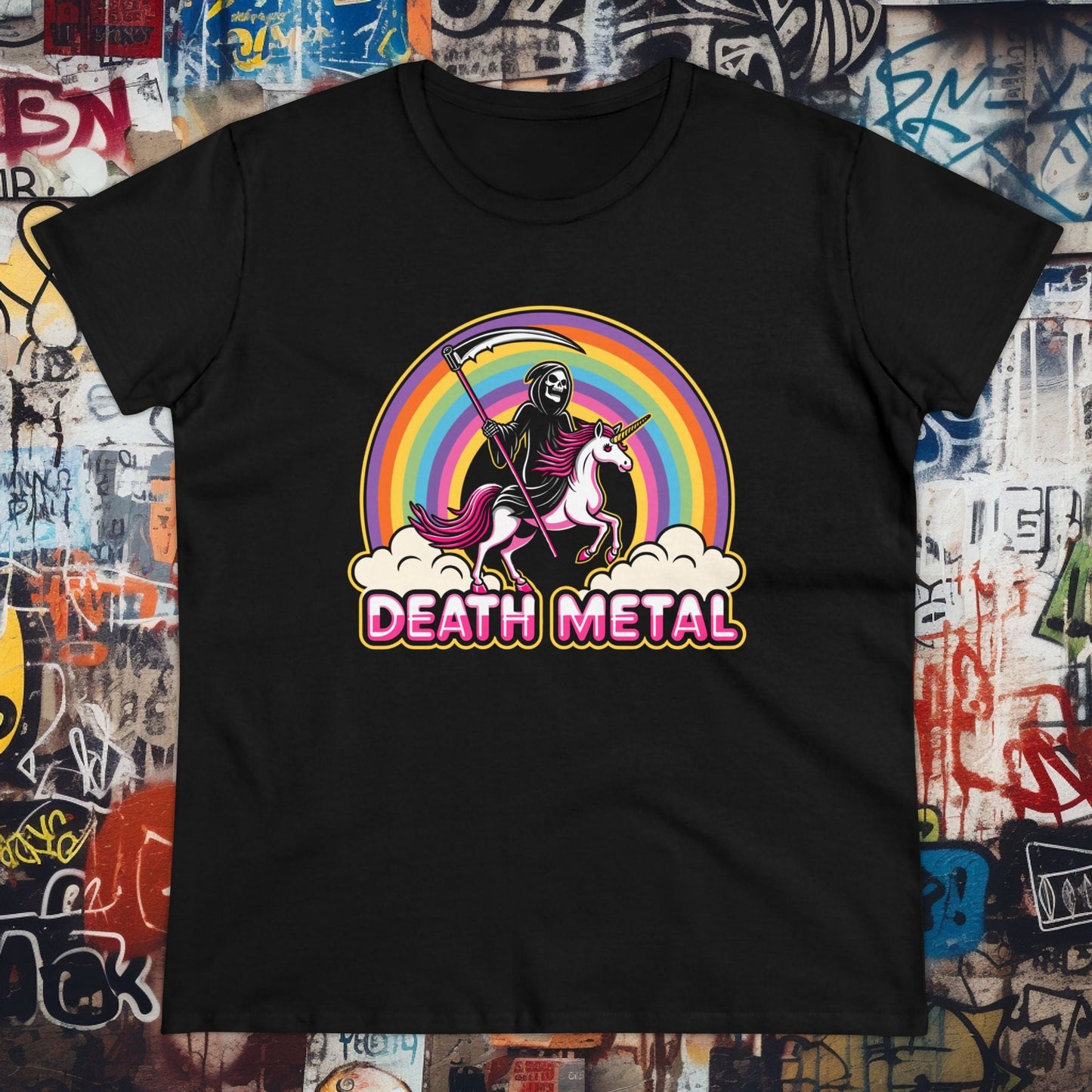 T-Shirt - Death Metal Rainbow Unicorn | Women's T-Shirt | Cotton Tee from Crypto Zoo Tees