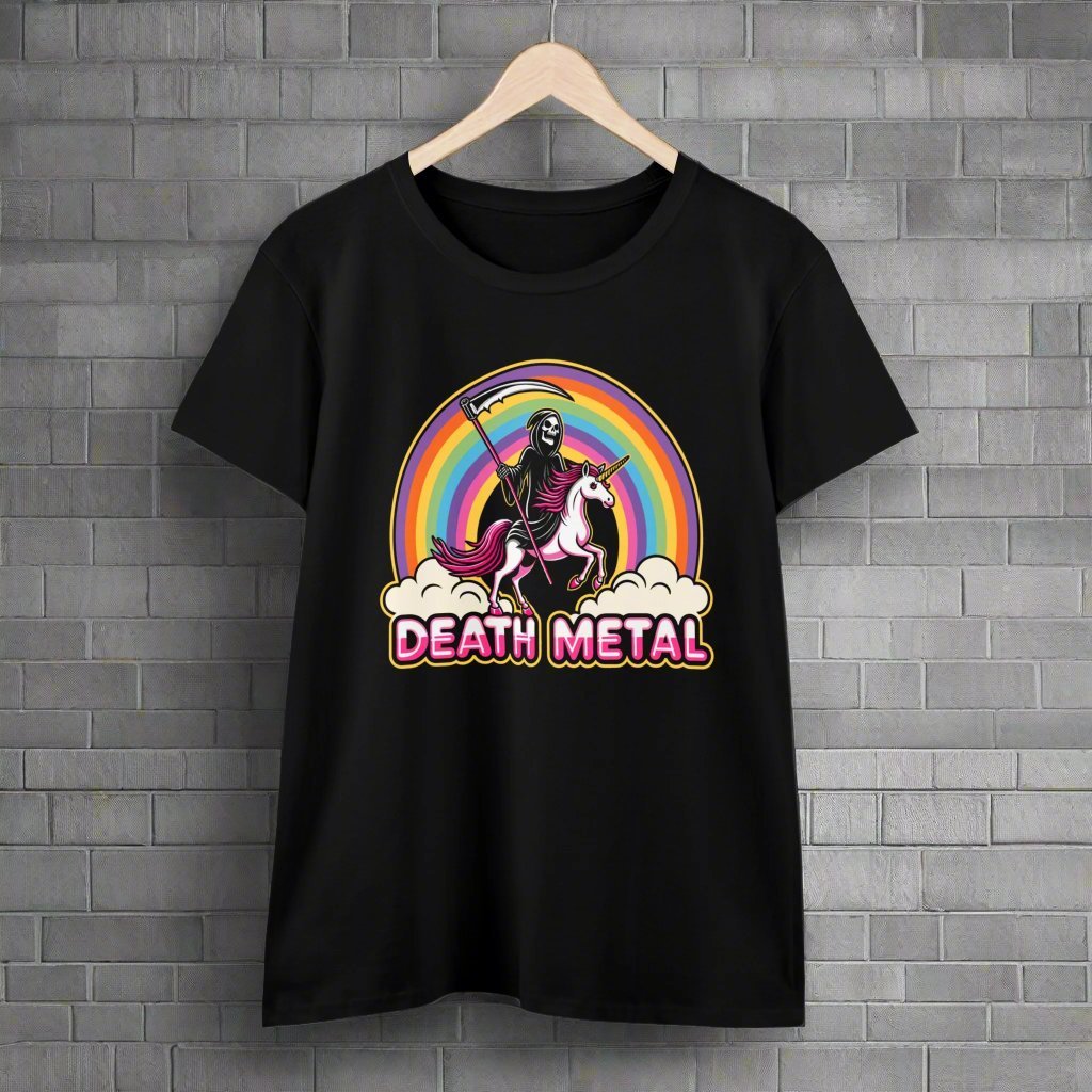 T-Shirt - Death Metal Rainbow Unicorn | Women's T-Shirt | Cotton Tee from Crypto Zoo Tees