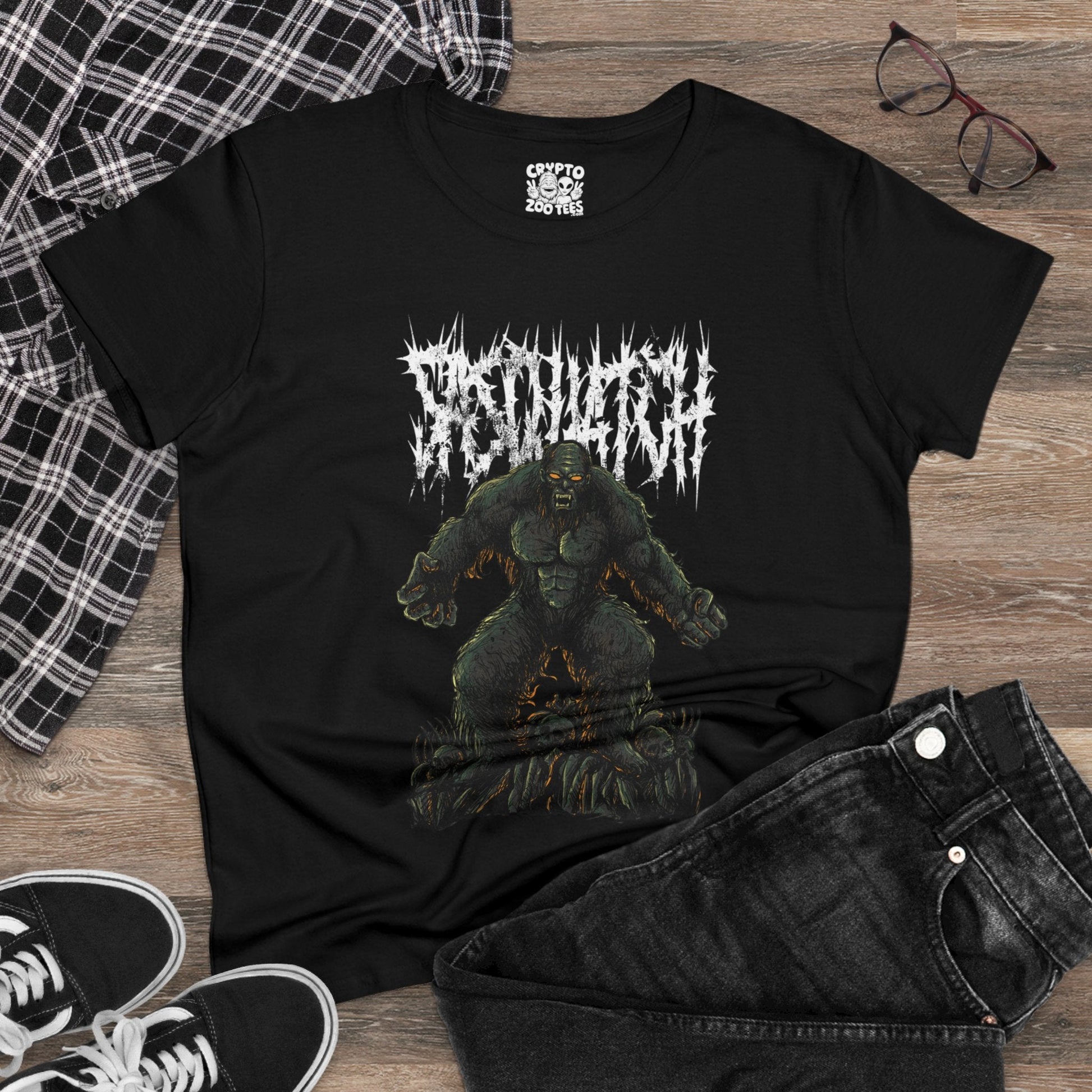 T-Shirt - Death Metal Sasquatch Comic | Women's T-Shirt | Cotton Tee from Crypto Zoo Tees