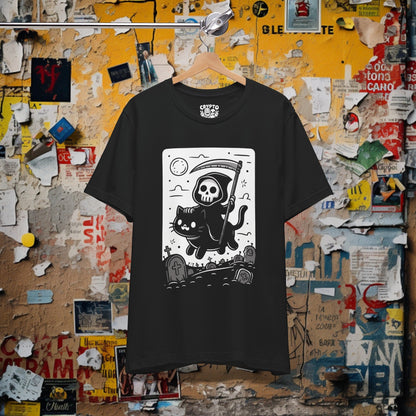 T - Shirt - Death Riding a Cat | Cute Grim Reaper | Goth | Bella + Canvas Unisex T - shirt from Crypto Zoo Tees