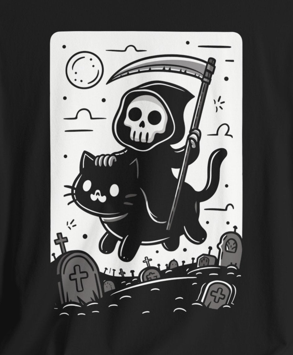 T - Shirt - Death Riding a Cat | Cute Grim Reaper | Goth | Bella + Canvas Unisex T - shirt from Crypto Zoo Tees