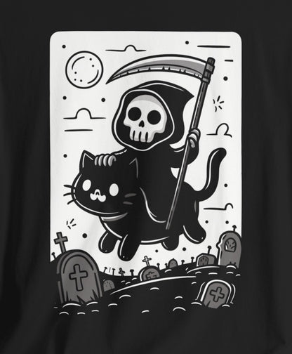 T - Shirt - Death Riding a Cat | Cute Grim Reaper | Goth | Bella + Canvas Unisex T - shirt from Crypto Zoo Tees