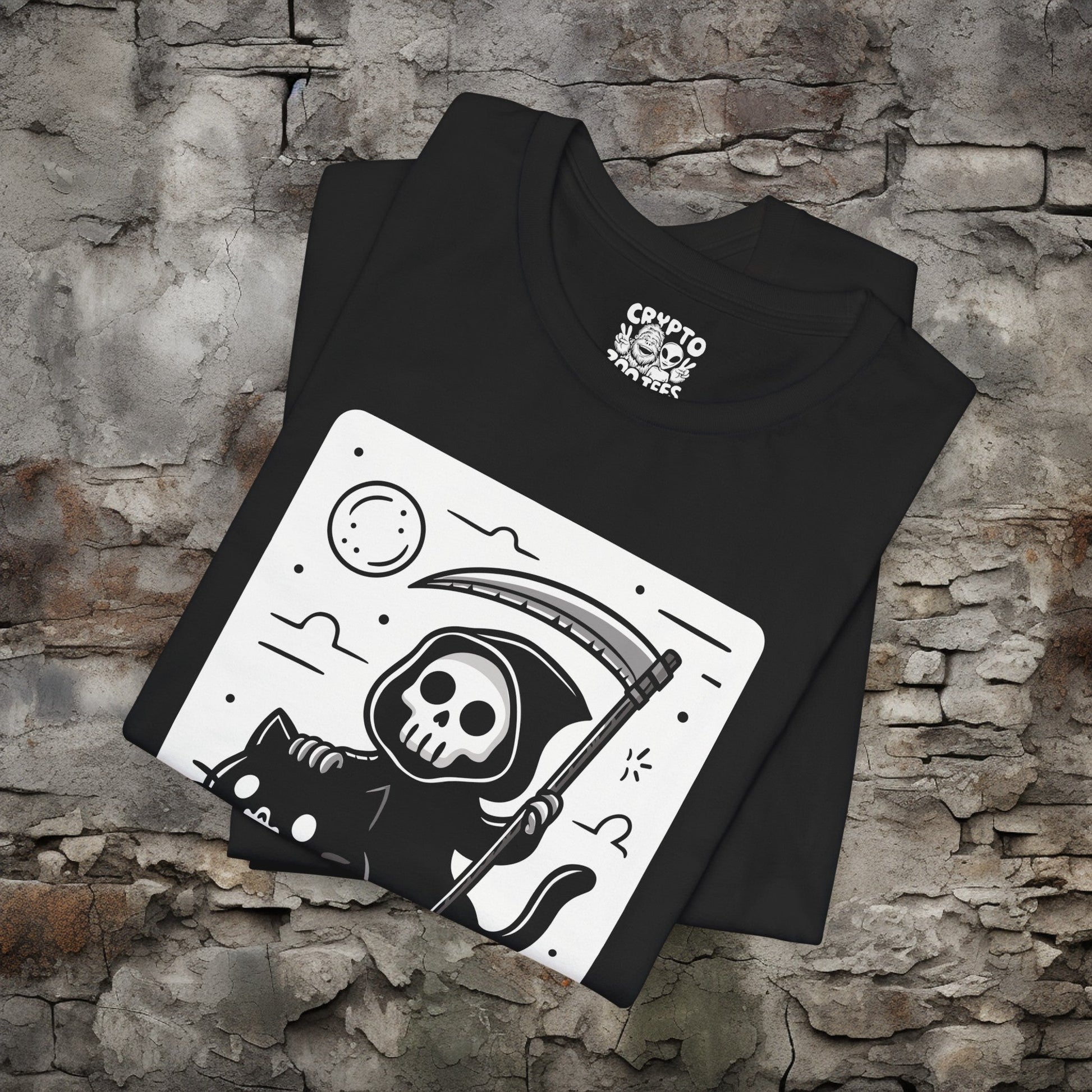 T - Shirt - Death Riding a Cat | Cute Grim Reaper | Goth | Bella + Canvas Unisex T - shirt from Crypto Zoo Tees