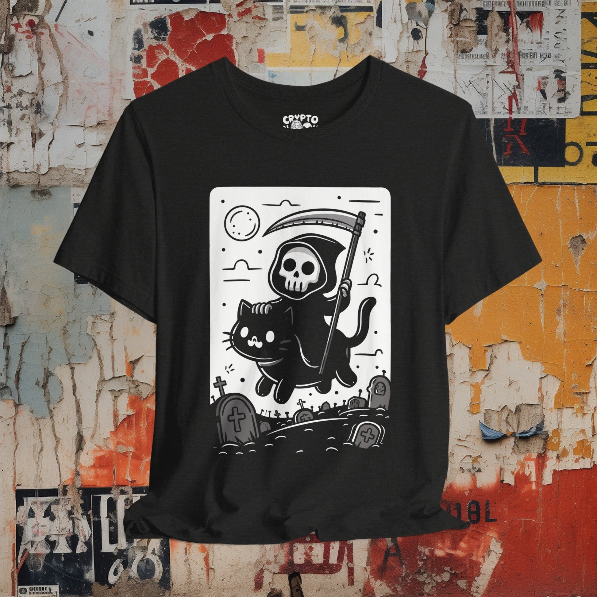 T - Shirt - Death Riding a Cat | Cute Grim Reaper | Goth | Bella + Canvas Unisex T - shirt from Crypto Zoo Tees