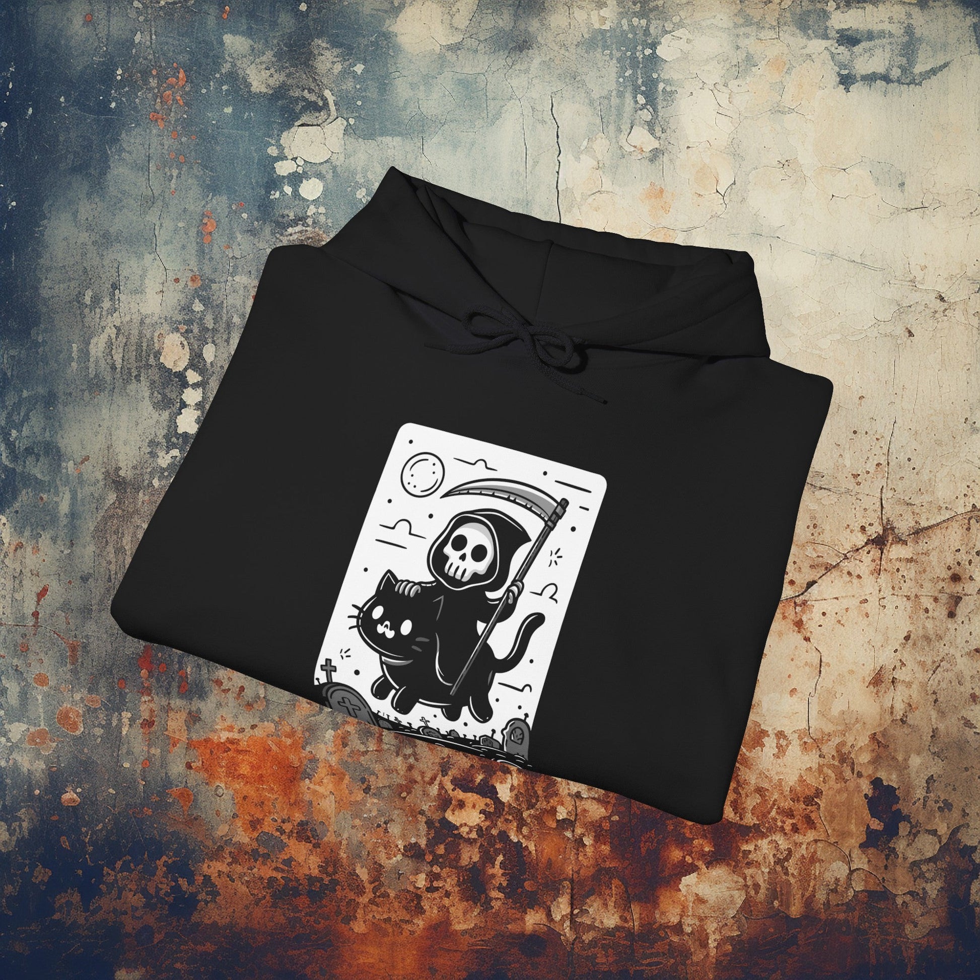 Hoodie - Death Riding a Cat | Cute Grim Reaper | Goth | Hoodie | Hooded Sweatshirt from Crypto Zoo Tees