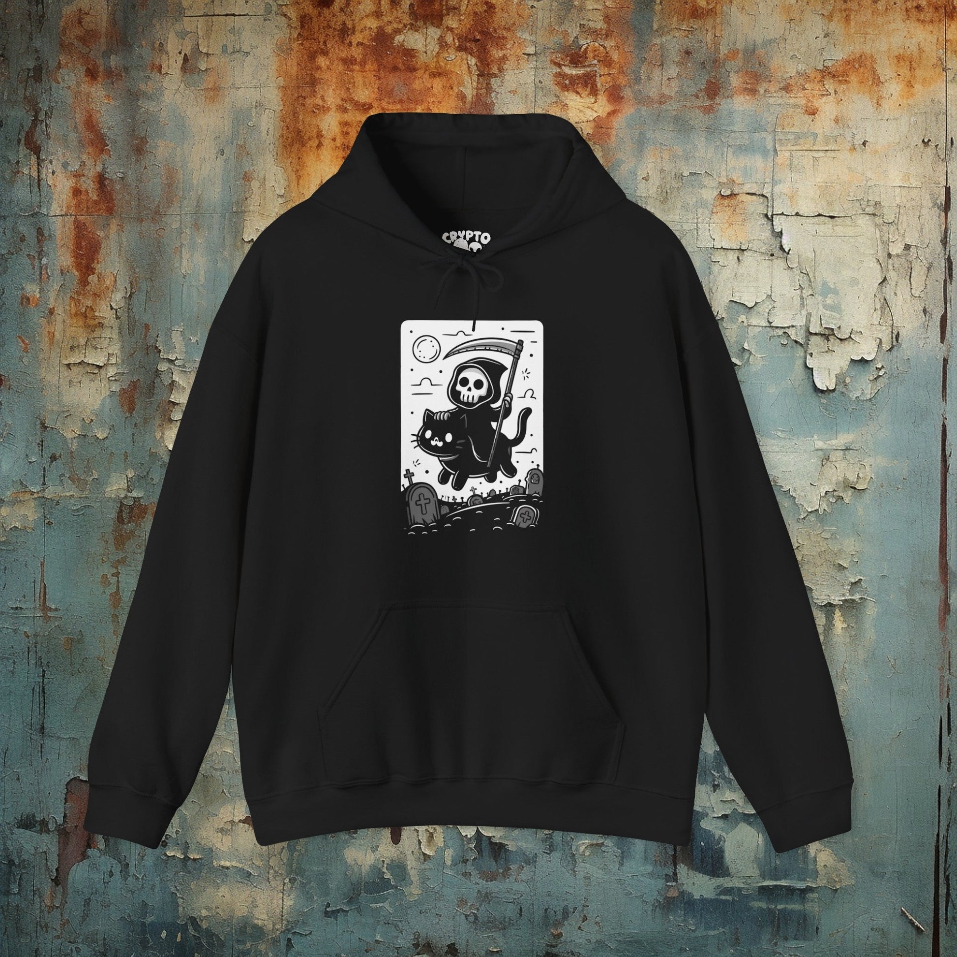 Hoodie - Death Riding a Cat | Cute Grim Reaper | Goth | Hoodie | Hooded Sweatshirt from Crypto Zoo Tees