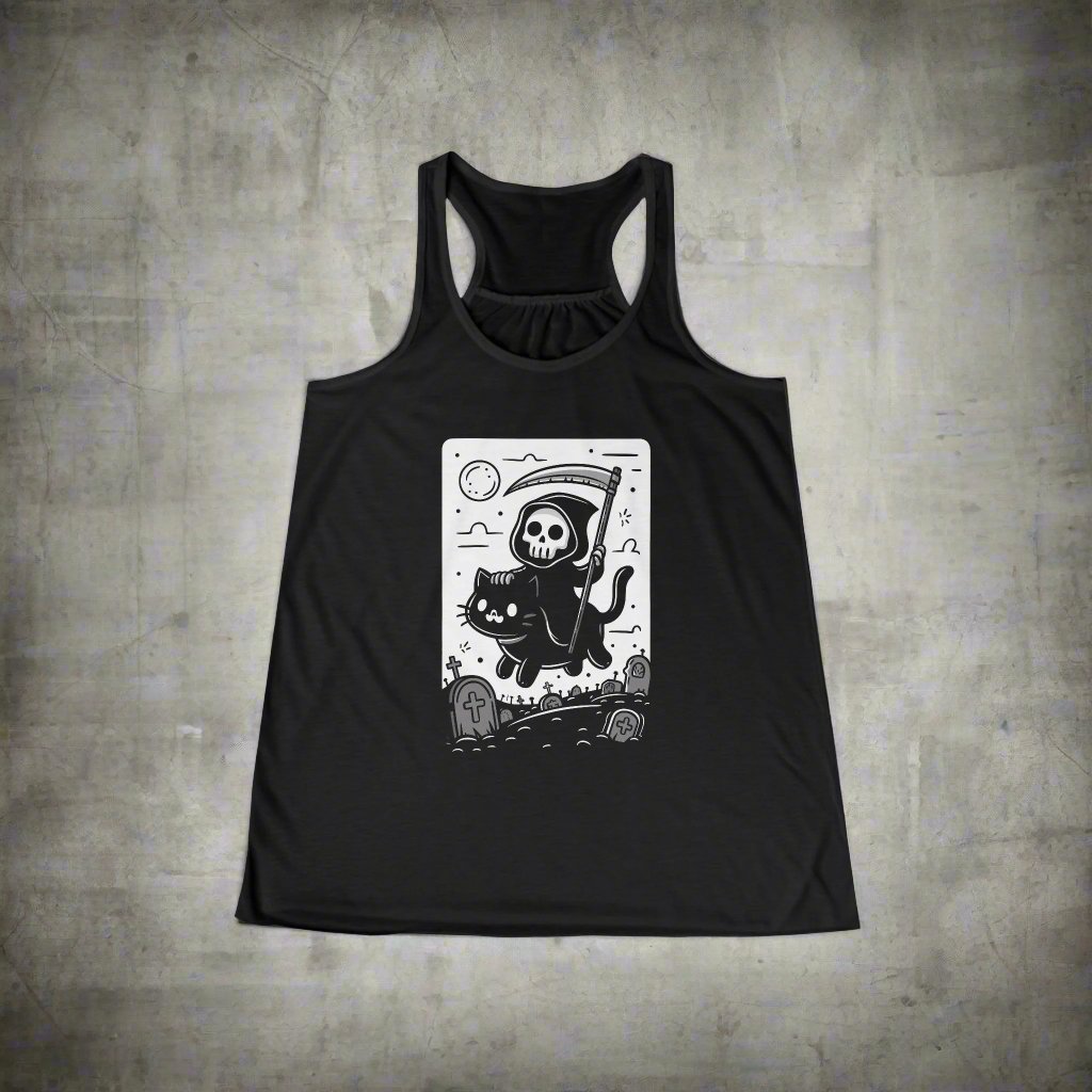 Tank Top - Death Riding a Cat | Cute Grim Reaper | Goth | Ladies Racerback Tank Top from Crypto Zoo Tees