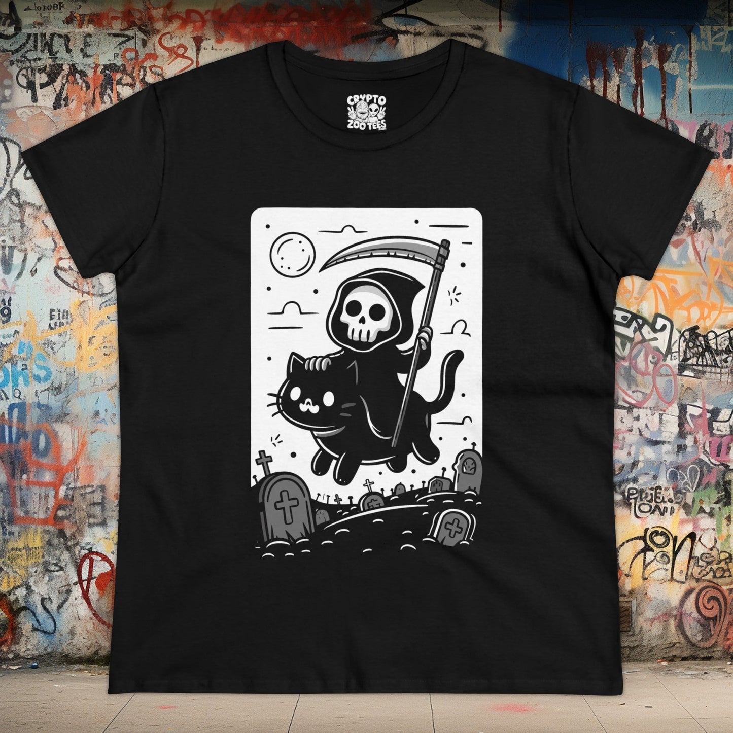 T - Shirt - Death Riding a Cat | Cute Grim Reaper | Goth | Women's T - Shirt | Cotton Tee from Crypto Zoo Tees