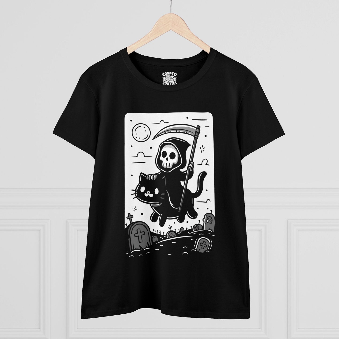 T - Shirt - Death Riding a Cat | Cute Grim Reaper | Goth | Women's T - Shirt | Cotton Tee from Crypto Zoo Tees