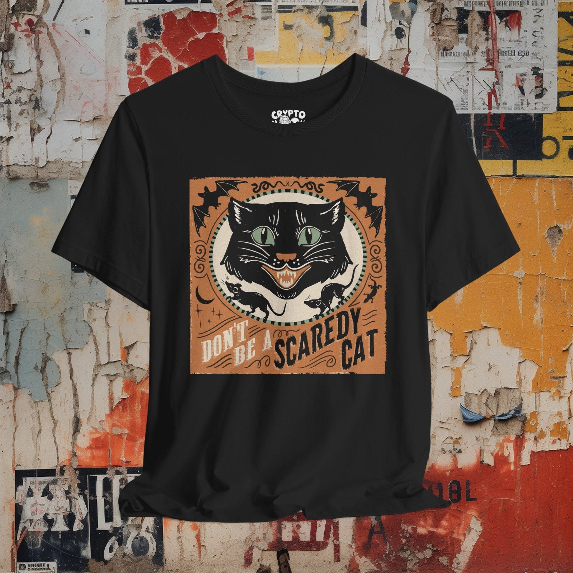 T-Shirt - Don't Be A Scaredy Cat Vintage Halloween Tee | Bella + Canvas Unisex T-shirt from Crypto Zoo Tees
