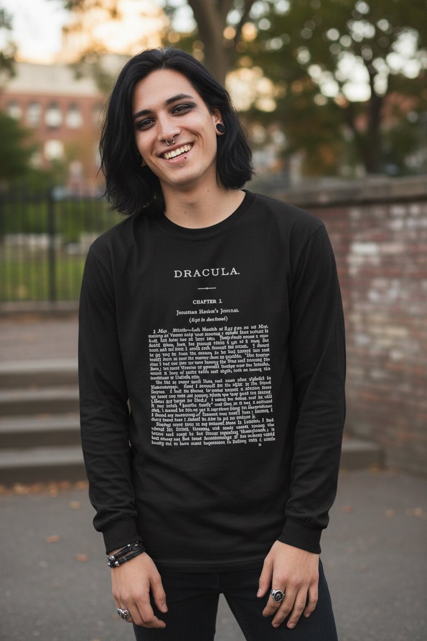 T-Shirt - Dracula First Page Long Sleeve | Horror, Books | Unisex Long Sleeve Tee - Guldan 2400 from Crypto Zoo Tees