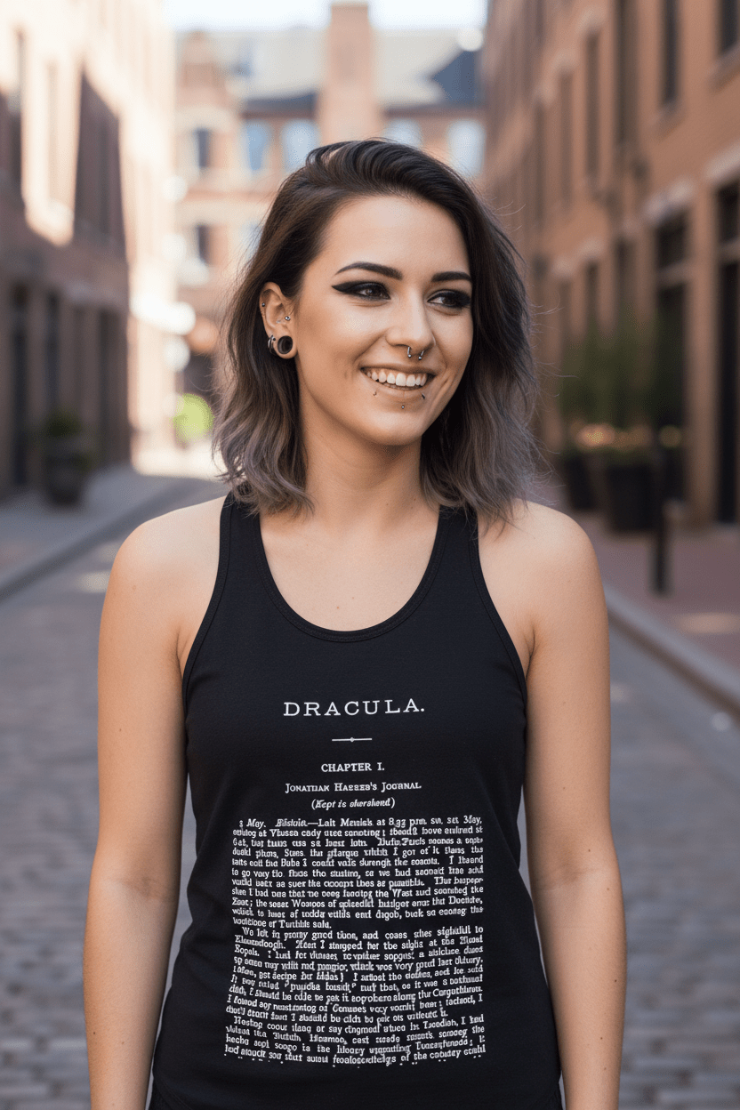 T-Shirt - Dracula First Page Tank | Horror, Books | Ladies Racerback Tank Top - Next Level 1533 from Crypto Zoo Tees