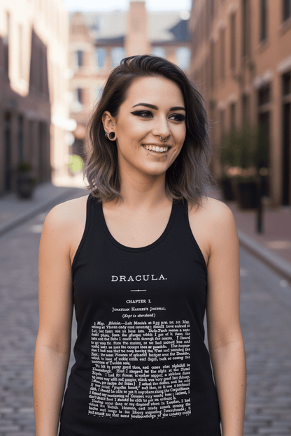 T-Shirt - Dracula First Page Tank | Horror, Books | Ladies Racerback Tank Top - Next Level 1533 from Crypto Zoo Tees