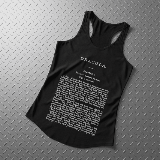 T-Shirt - Dracula First Page Tank | Horror, Books | Ladies Racerback Tank Top - Next Level 1533 from Crypto Zoo Tees