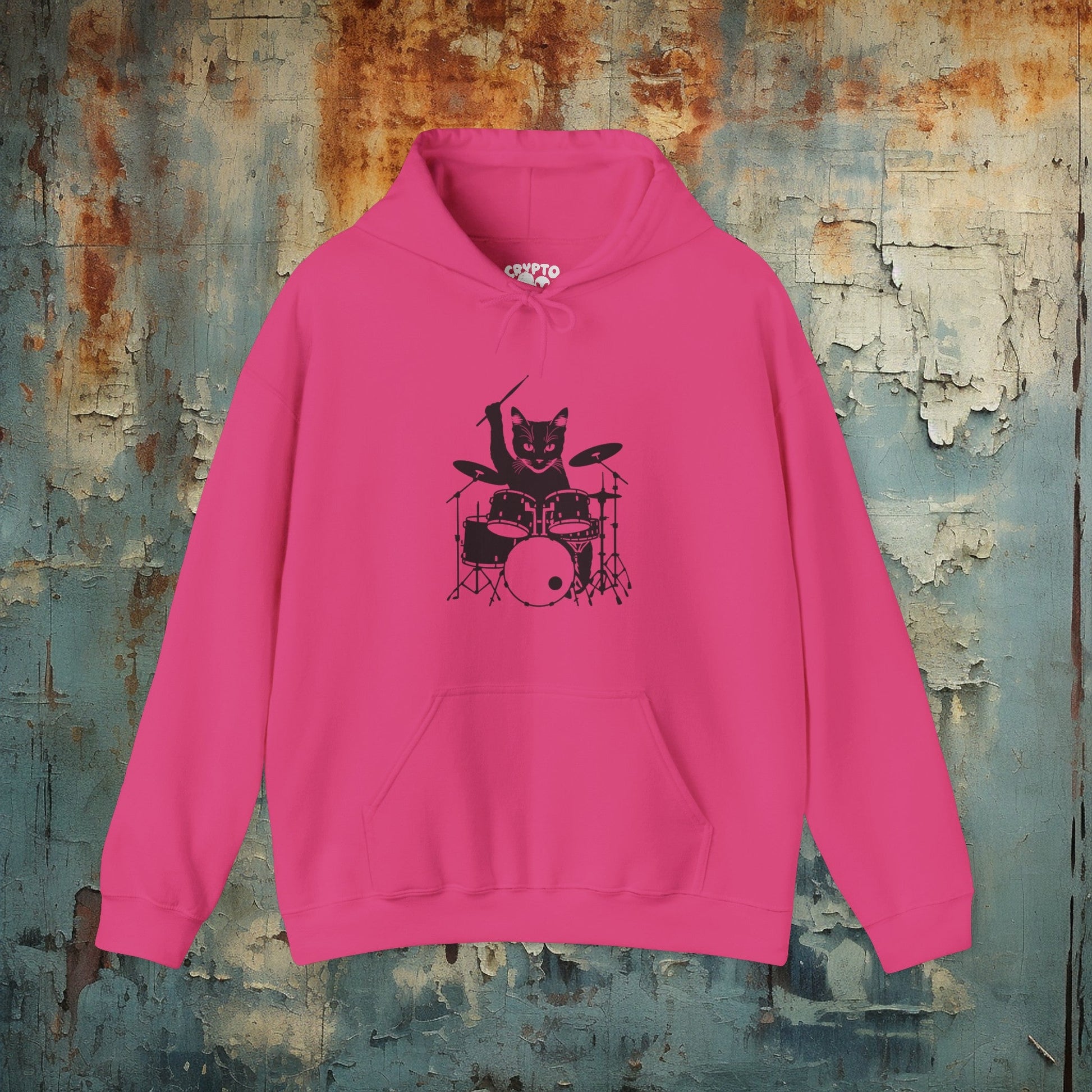 Hoodie - Drummer Cat | Hoodie | Hooded Sweatshirt from Crypto Zoo Tees