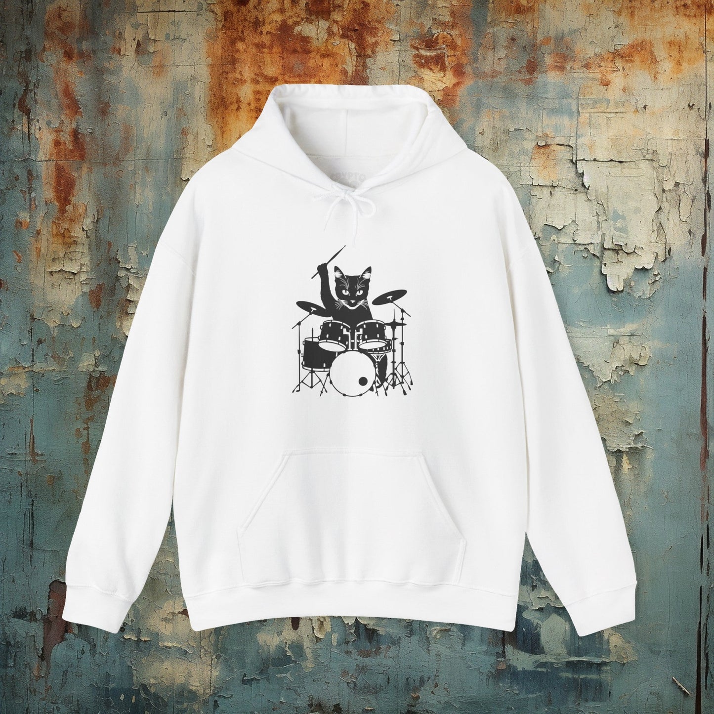 Hoodie - Drummer Cat | Hoodie | Hooded Sweatshirt from Crypto Zoo Tees