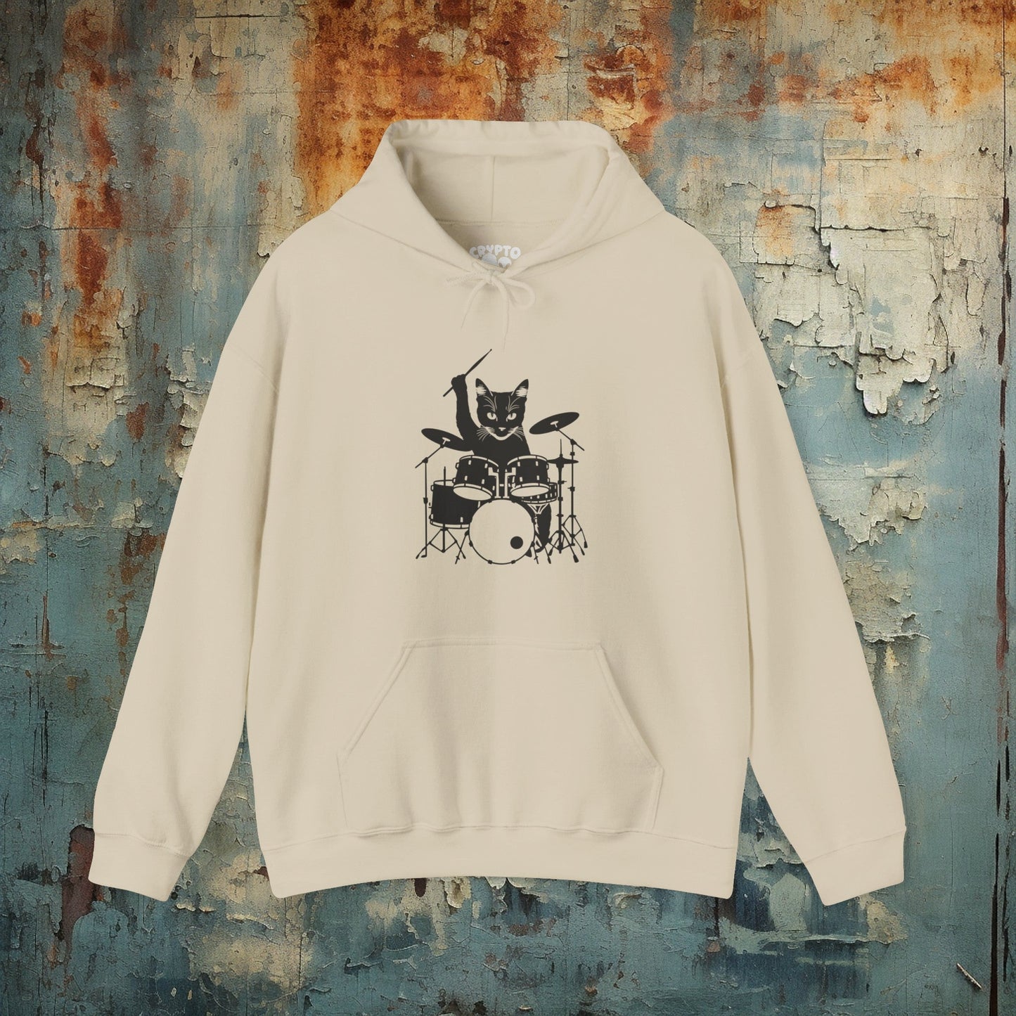 Hoodie - Drummer Cat | Hoodie | Hooded Sweatshirt from Crypto Zoo Tees