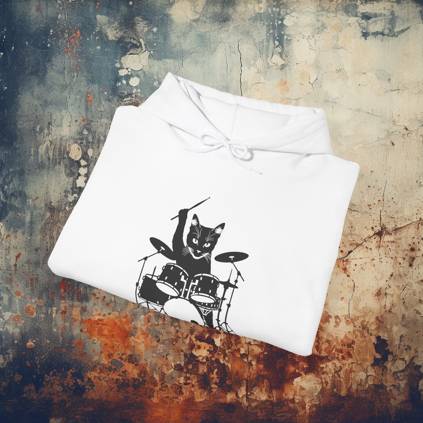 Hoodie - Drummer Cat | Hoodie | Hooded Sweatshirt from Crypto Zoo Tees