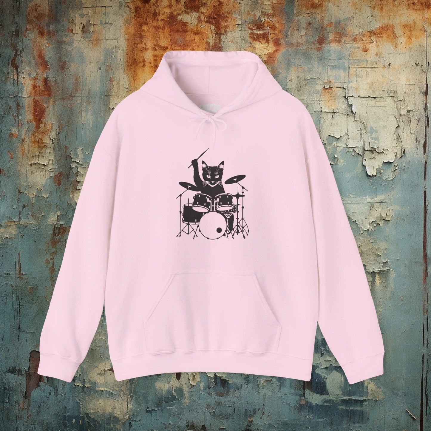 Hoodie - Drummer Cat | Hoodie | Hooded Sweatshirt from Crypto Zoo Tees