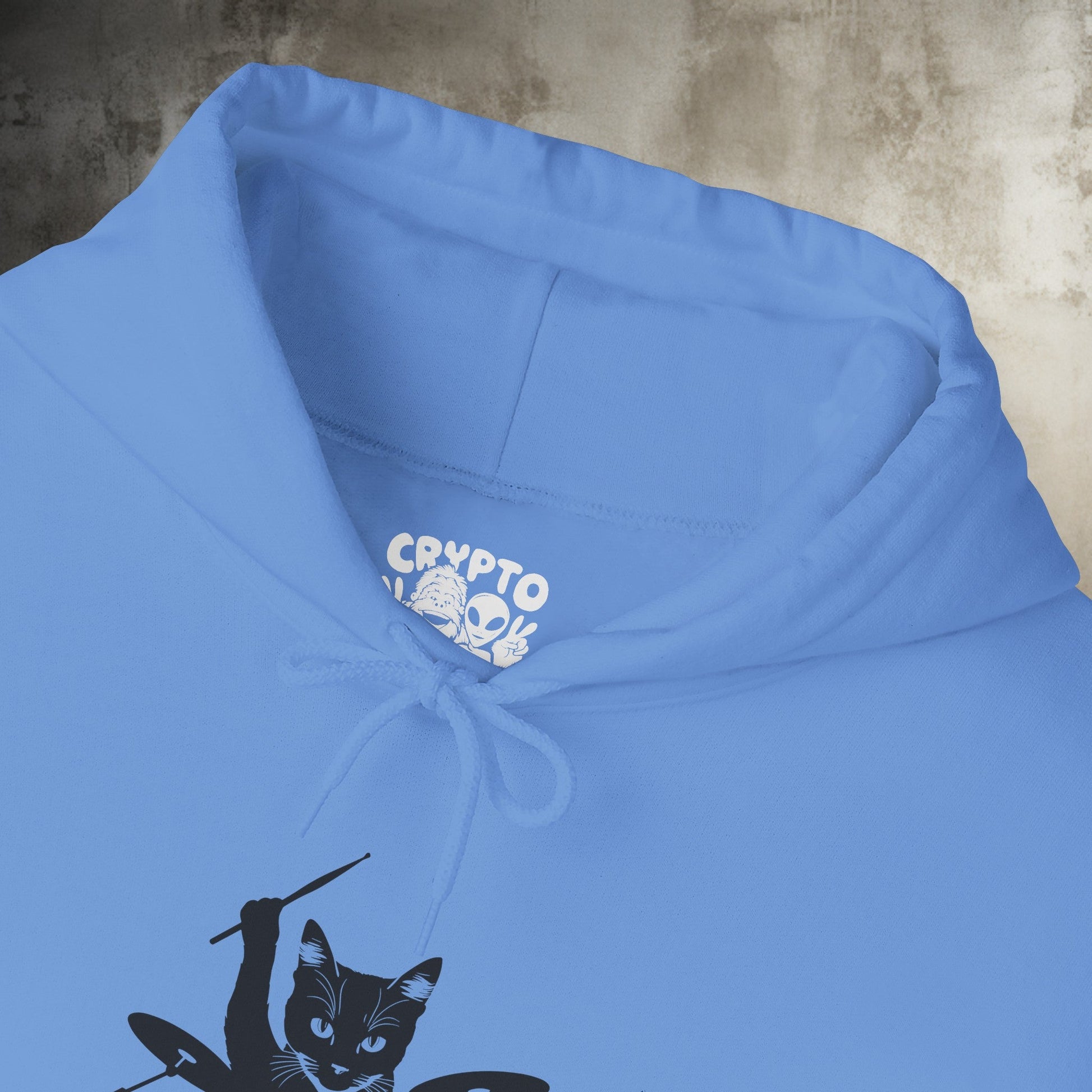 Hoodie - Drummer Cat | Hoodie | Hooded Sweatshirt from Crypto Zoo Tees