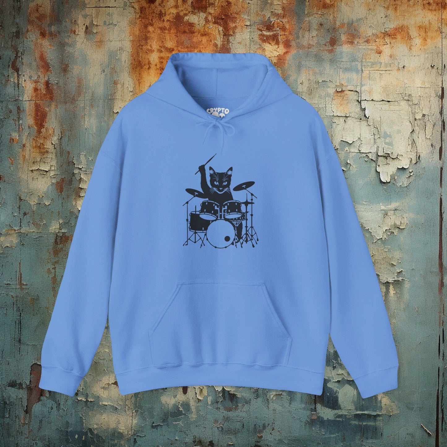 Hoodie - Drummer Cat | Hoodie | Hooded Sweatshirt from Crypto Zoo Tees