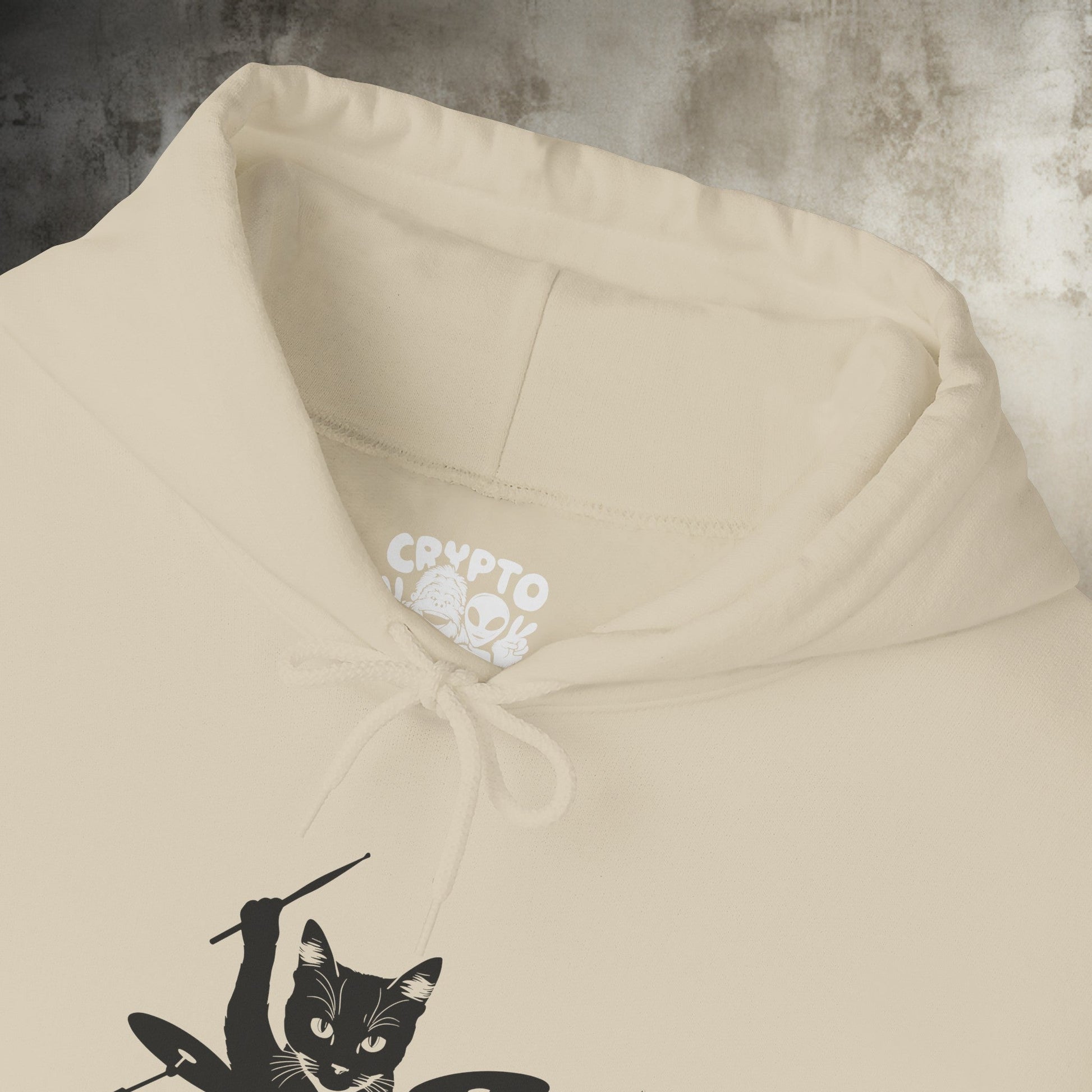 Hoodie - Drummer Cat | Hoodie | Hooded Sweatshirt from Crypto Zoo Tees