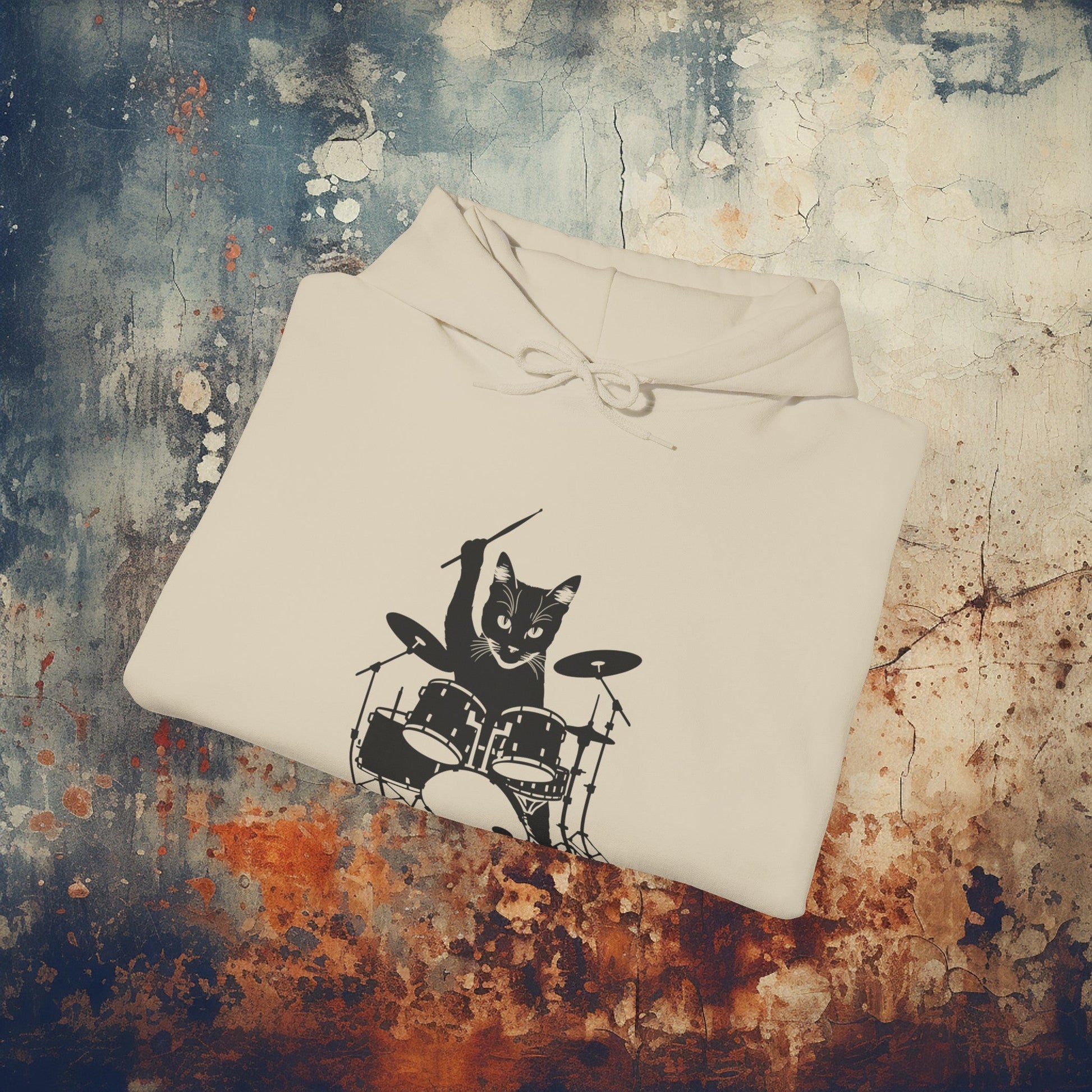 Hoodie - Drummer Cat | Hoodie | Hooded Sweatshirt from Crypto Zoo Tees