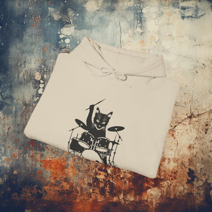 Hoodie - Drummer Cat | Hoodie | Hooded Sweatshirt from Crypto Zoo Tees