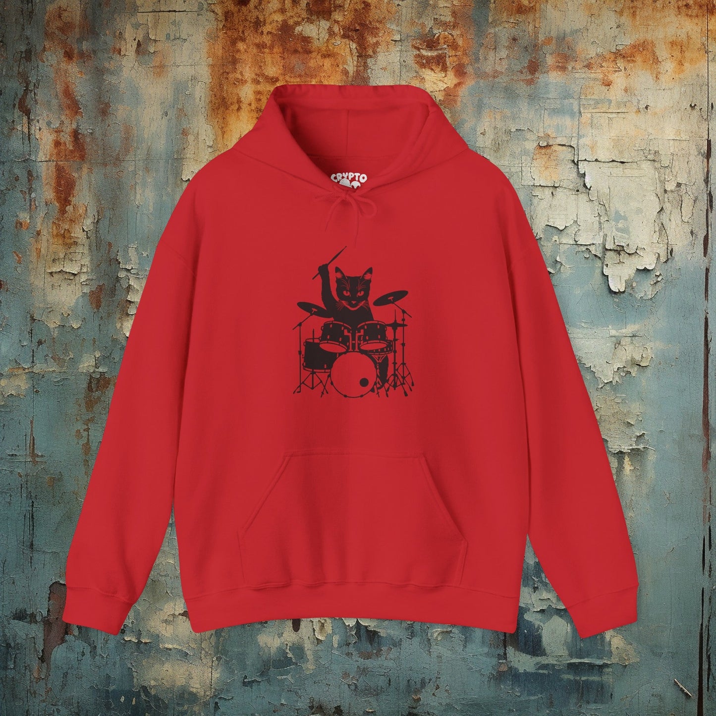 Hoodie - Drummer Cat | Hoodie | Hooded Sweatshirt from Crypto Zoo Tees