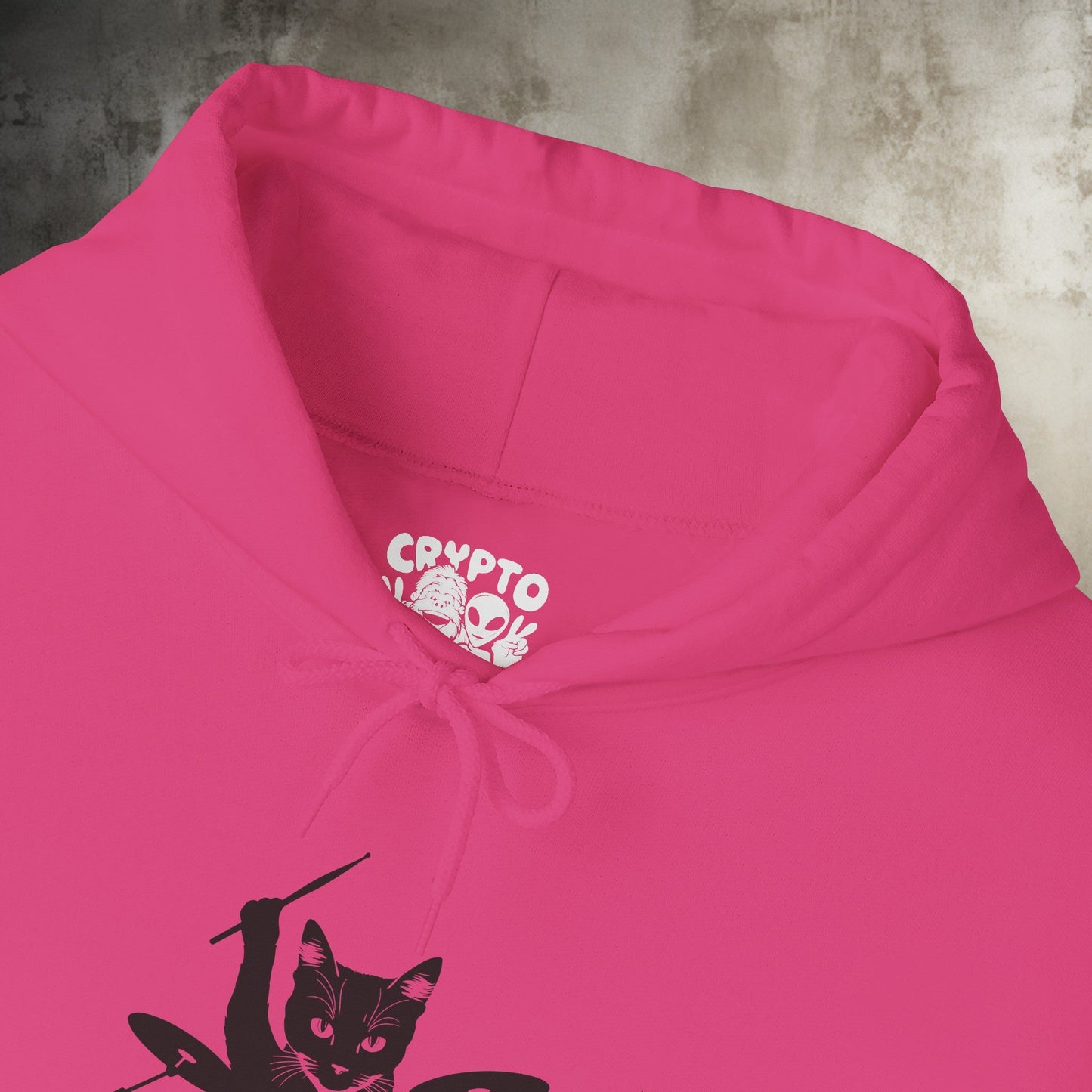 Hoodie - Drummer Cat | Hoodie | Hooded Sweatshirt from Crypto Zoo Tees