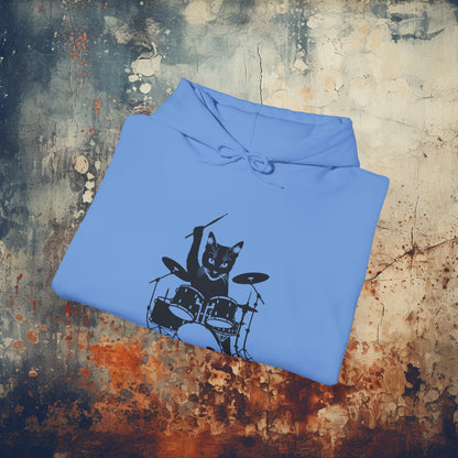 Hoodie - Drummer Cat | Hoodie | Hooded Sweatshirt from Crypto Zoo Tees