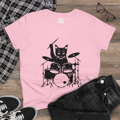 T - Shirt - Drummer Cat | Women's T - Shirt | Cotton Tee from Crypto Zoo Tees