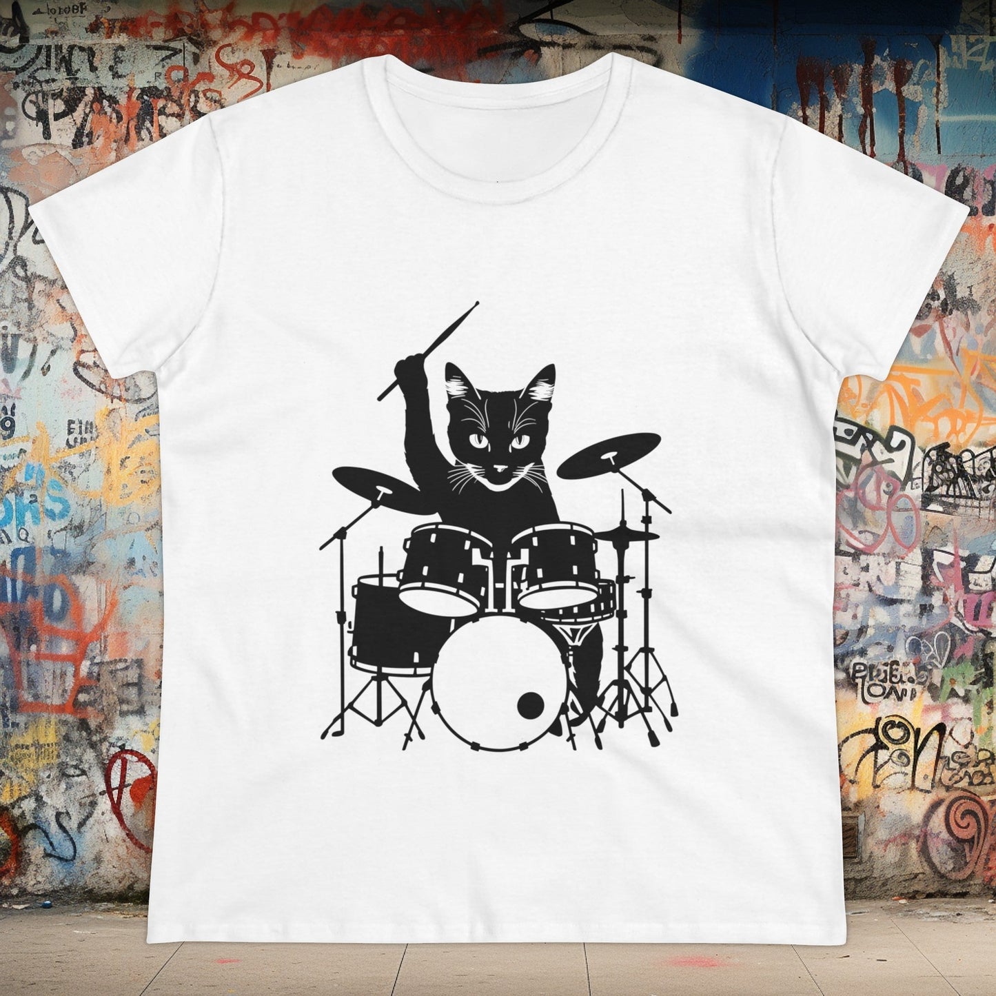 T - Shirt - Drummer Cat | Women's T - Shirt | Cotton Tee from Crypto Zoo Tees