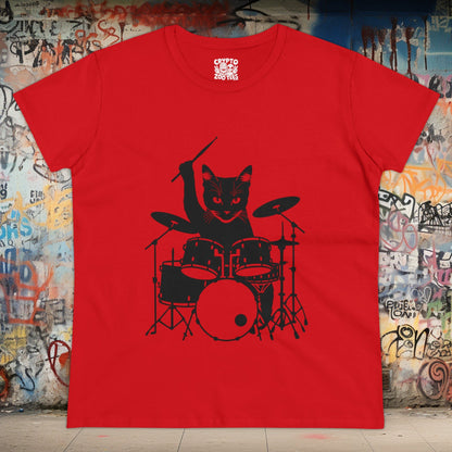 T - Shirt - Drummer Cat | Women's T - Shirt | Cotton Tee from Crypto Zoo Tees