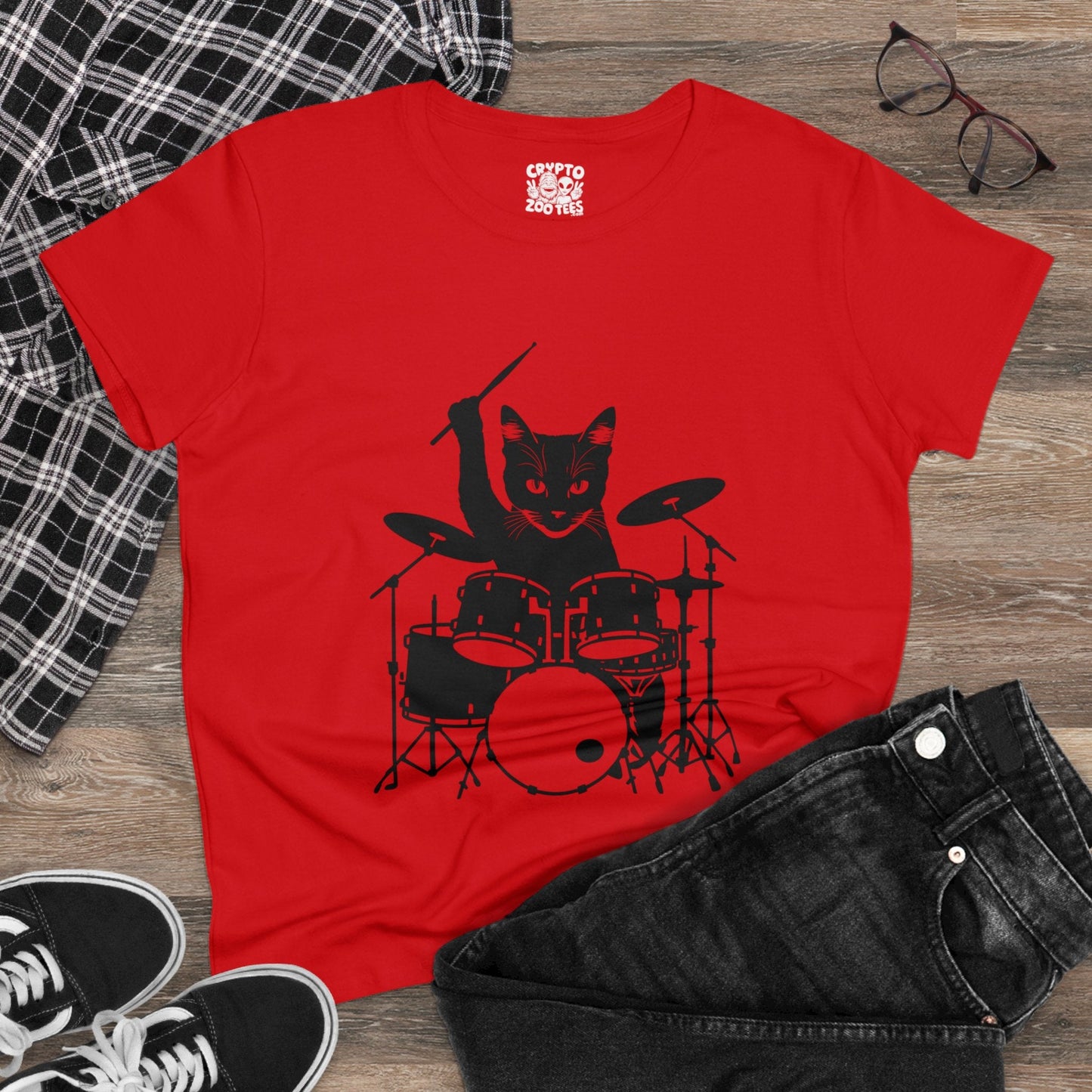 T - Shirt - Drummer Cat | Women's T - Shirt | Cotton Tee from Crypto Zoo Tees