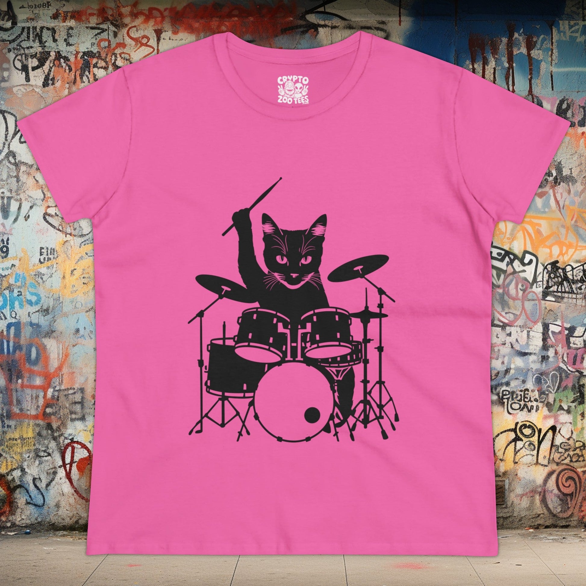 T - Shirt - Drummer Cat | Women's T - Shirt | Cotton Tee from Crypto Zoo Tees