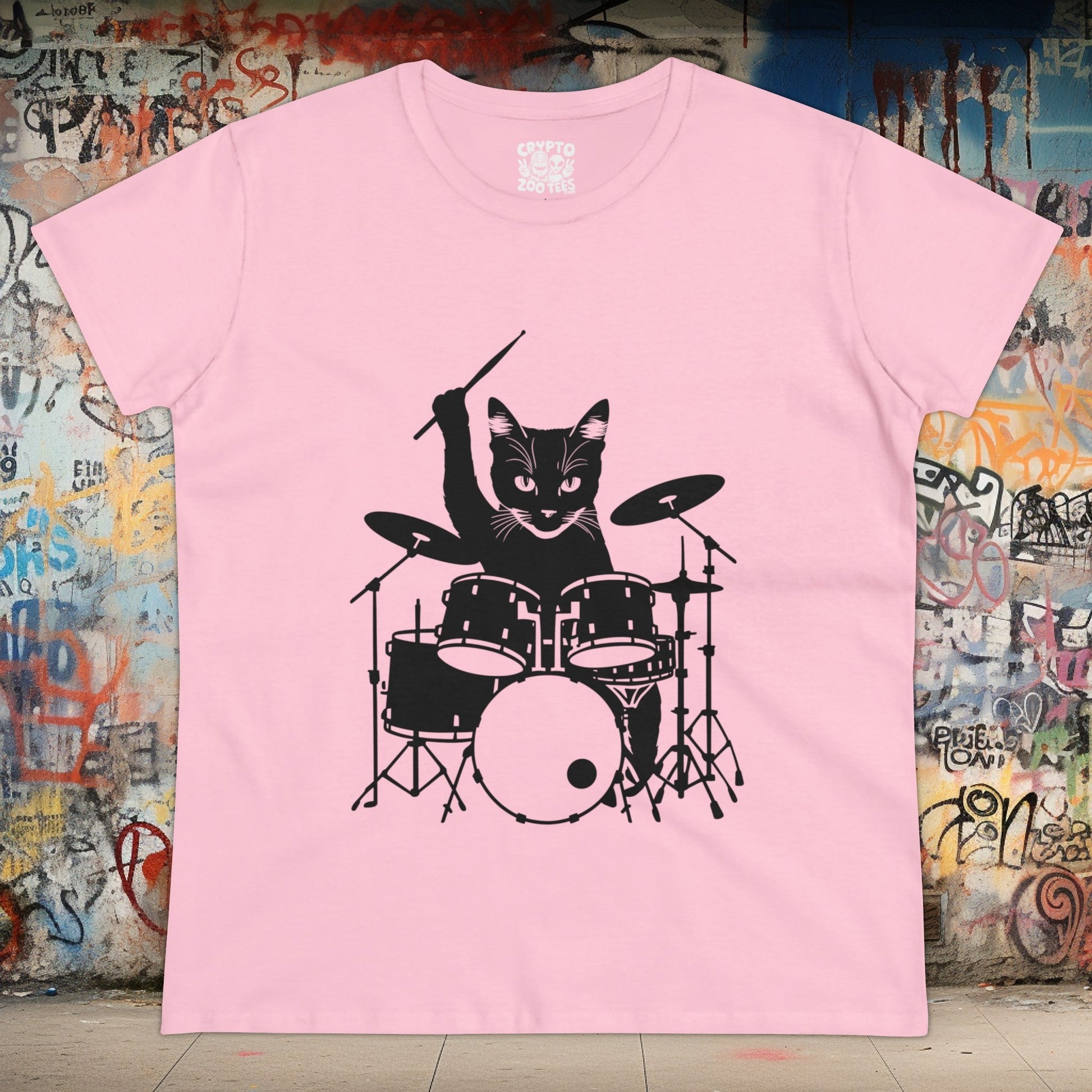 T - Shirt - Drummer Cat | Women's T - Shirt | Cotton Tee from Crypto Zoo Tees