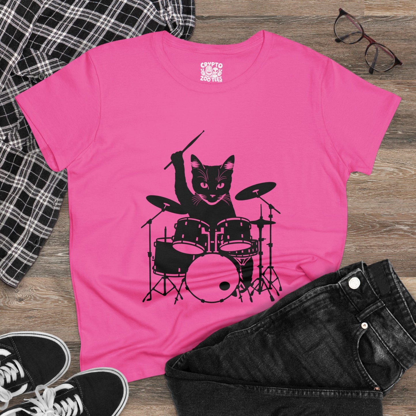 T - Shirt - Drummer Cat | Women's T - Shirt | Cotton Tee from Crypto Zoo Tees