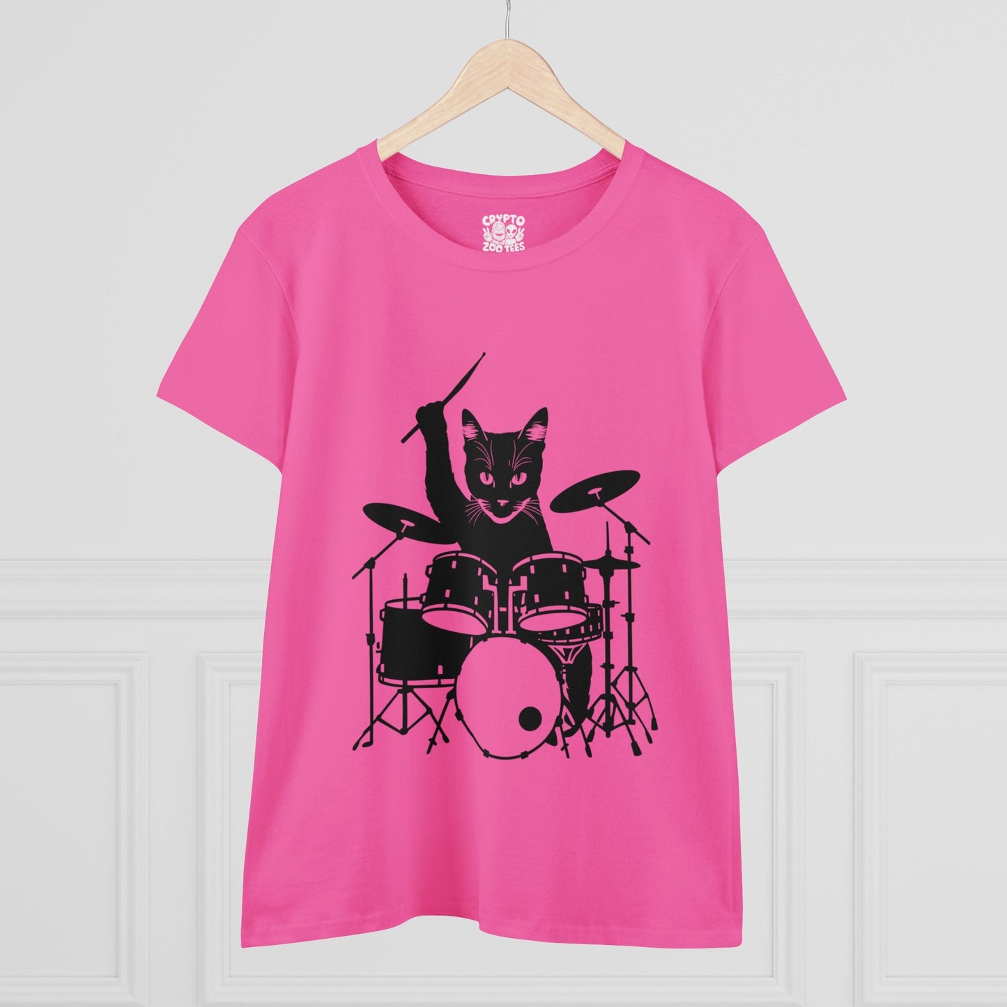 T - Shirt - Drummer Cat | Women's T - Shirt | Cotton Tee from Crypto Zoo Tees